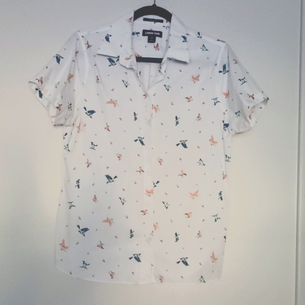 Lands' End White Shirt with Colorful Bird Print